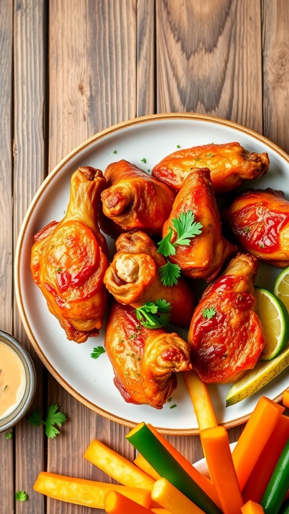 Golden-brown air-fried chicken wings with crispy fries and vegetables on a wooden table.